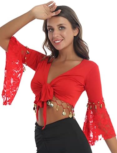 Janjean Women Shiny Bead Tassel Belly Dance Top Top Lace