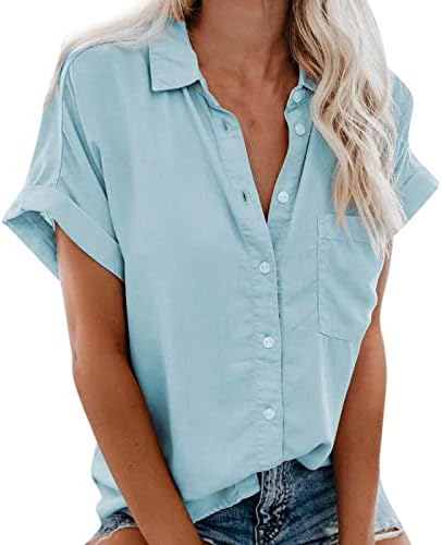 Button de verão feminino camisetas de manga curta Trabalho de ônibus máscara em blusas v pescoço solto de cor sólida casual tops