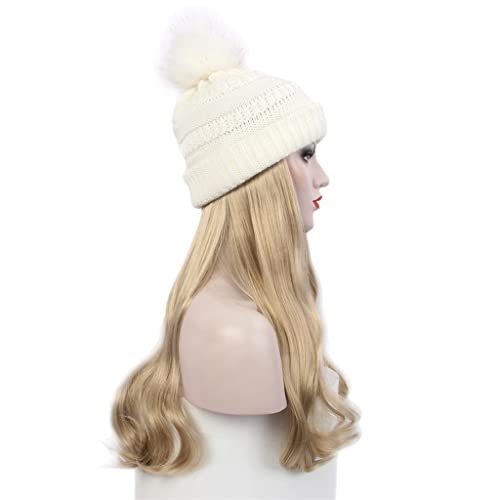 Houkai Hat Wig Hat White Knit Hat Wig Wig Long Curly Brown Wig Hat Cap Wig