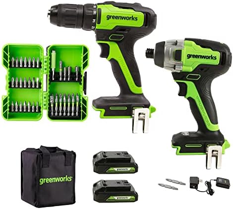 Greenworks 24V Brill sem escova/driver + Impact Driver Combo Kit, com conjunto de bits de direção de impacto de 40 peças