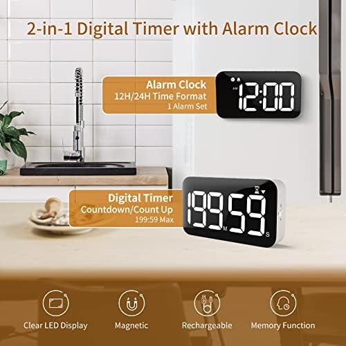 Timer de cozinha digital recarregável da Doomay - som de timer magnético LED ativado, brilho e volume ajustável, ideal