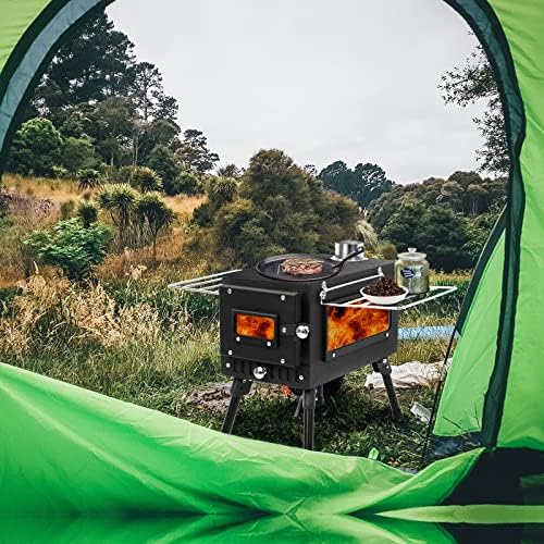 Gelttulu Camping fogão fogão a tenda quente, fogão a lenha ao ar livre dobrável com grande janela de vista, cano de chaminé, caixa de apanhador de cinzas, parada de faísca, para caminhar, pescar, aquecer e cozinhar