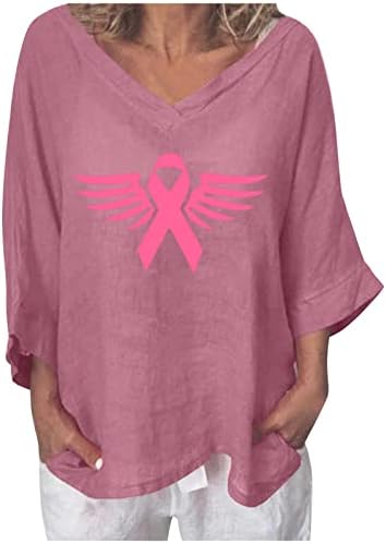 3/4 de manga Camisa de conscientização sobre câncer de mama para mulheres rosa fita anjo impressão tee gráfica V Batwing Batwing