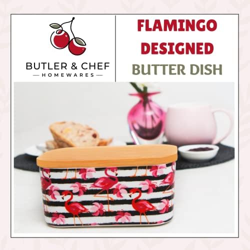 Butler & Chef Flamingo Butter Prato com tampa para bancada ou geladeira - goleiro de porcelana coberta de grande