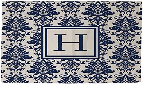 Filinas e tecelões manuais Dobby Bath Rug, 4 por 6 pés, letra monograma H, damasco azul