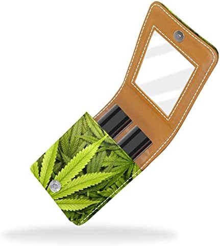 Folhas de ervas daninhas verdes Mini Lipstick Case With Mirror for Purse Portable Case Holder Organization