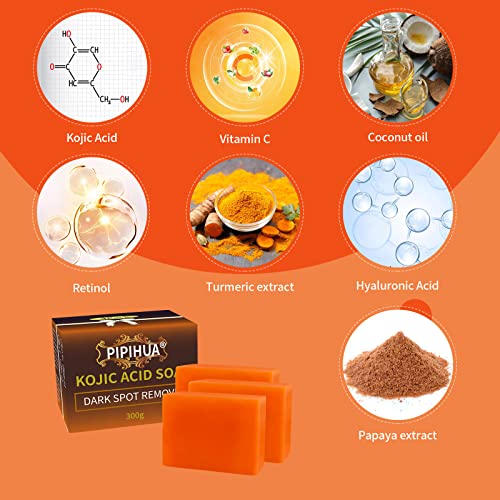 Sabão com ácido Kojic Pipihua 3pack para barras de sabão de hiperpigmentação para acne com colágeno, açafrão, retinol, colágeno, ácido hialurônico 10,58 oz
