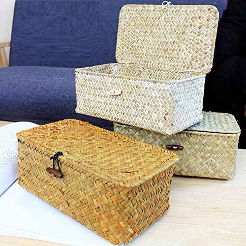 Cestas de armazenamento de prateleira de aomomgod com conjunto de tampa de 2 caixas retangulares tecidas à mão com cover organizador doméstico BEAGRASS PERIGA