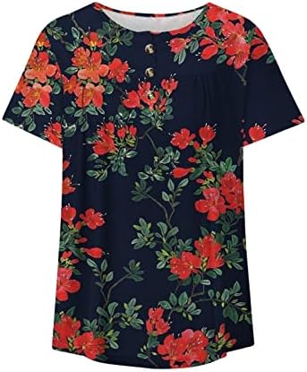 Túnicas de impressão floral para mulheres barriga escondida camiseta tops soltos fit verão de verão de manga curta para cima V blusas de pescoço