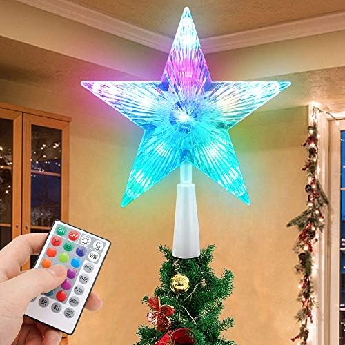 Treça de Natal Topper Star 7 LED Star Tree Top com controle remoto, estrela de 5 pontos RGB Night Light Treetop, pequena decoração