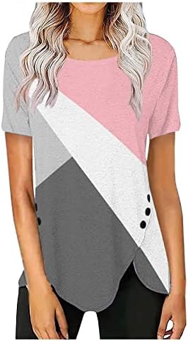 Tops de estampa de leopardo para mulheres coloridas bloco de manga curta T Camisetas de verão Botão de pescoço Tees