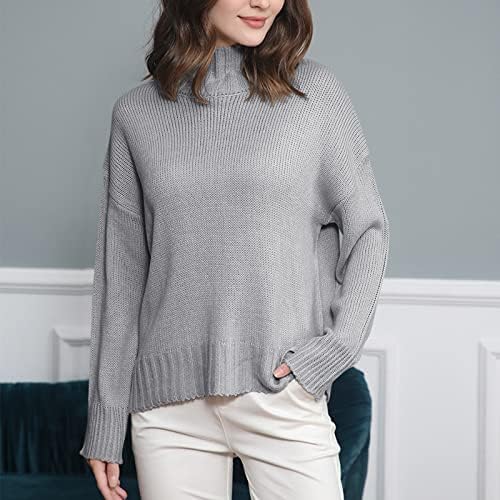 Huankd Sweaters femininos moda casual manga de manga longa de malha de cor sólida com gúmula superior de gola alta