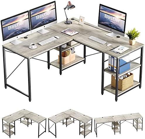 Bestier L Shaped Desk com prateleiras de 95,2 polegadas de canto reversível para computador ou mesa de 2 pessoas para o escritório em casa Gary Gaming escrevendo armazenamento estação de trabalho P2 Placa com 3 orifícios de cabo, carvalho cinza