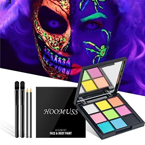 9 Color Face & Body Pintura Paleta de maquiagem UV brilho no kit de pintura de rosto escuro e neon Blacklight Water ativado com escova, maquiagem de cosplay de Halloween, não tóxico e seguro