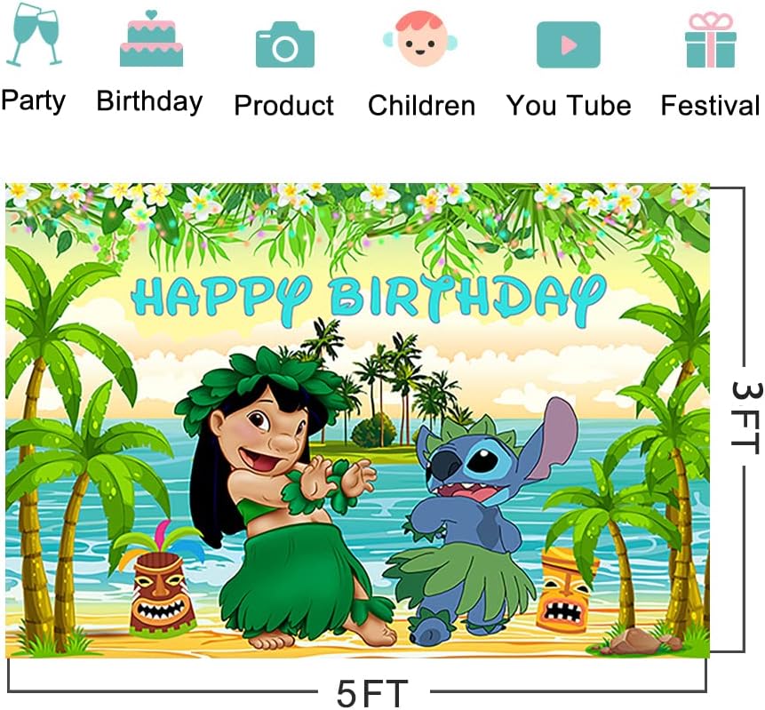 Hawaii Tropical Luau Cenários para Lilo e Stitch Birthday Party Decorations Supplies Stitch Baby Shower Photo Backgrody para Decorações de mesa de bolo Feliz aniversário Banner 5x3ft