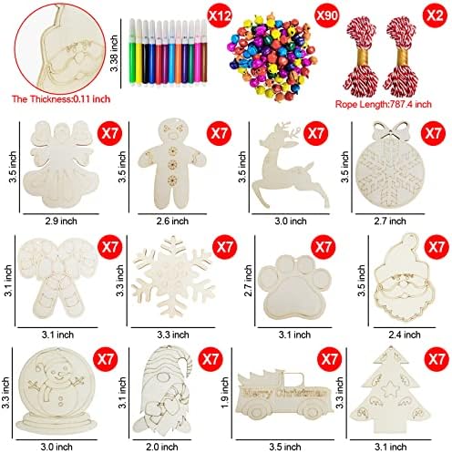 84pcs DIY Ornamentos de madeira de Natal com buraco, fatias de madeira inacabadas artesanato de Natal, 12 estilos de Natal, corda