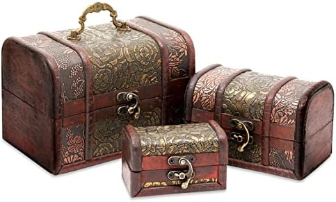 Pequenas caixas de baú de tesouro de madeira com motivos de flor, troncos decorativos de estilo vintage para lembranças de jóias,