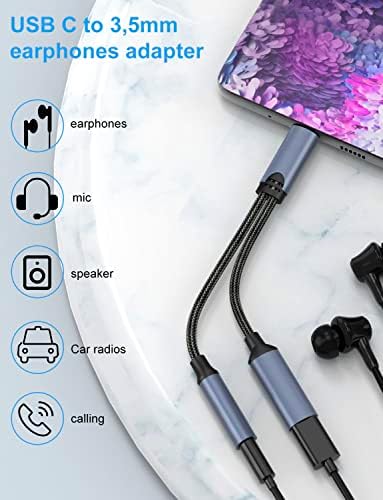 Adaptador de fone de ouvido e carregador USB C a 3,5 mm, 2 em 1 USB C a AUX Audio Jack Suporte PD 60W Carregamento rápido e escuta compatível com Samsung Galaxy S22 S21 S20, Google Pixel 4 3 XL e mais