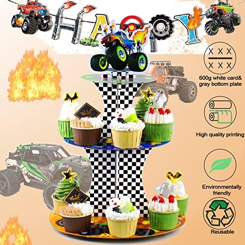 Halibutfly 3 Cupcake Stand, Monster Truck Cupcake Tower Birthday Party Supplies, Cool Cup Bolo Tier Stand para carros Decorações