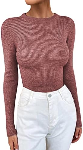 Blusa de camisa de suéter de manga comprida redonda do pescoço feminino