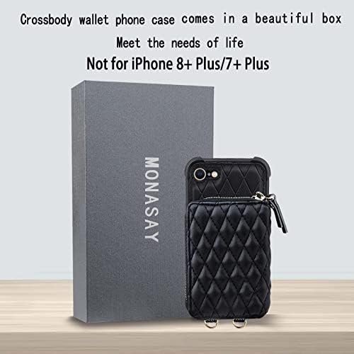 Monasay Zipper Wallet Case para iPhone SE 2022/2020/8/7, [Protetor de tela de vidro] [Bloqueio de RFID] Flip Leather Handbag Tampo