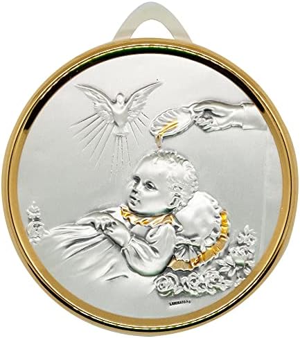 Medalha de berço de lembrança do batismo | Placa de bebê e Espírito Santo com fitas azuis e rosa | Grande presente católico