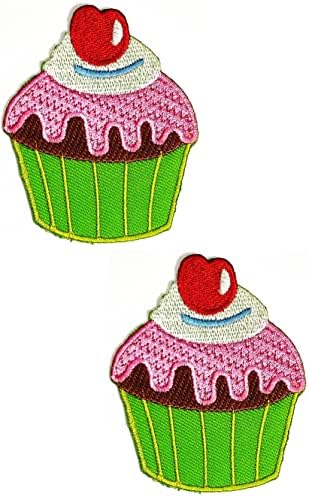 Kleenplus 2pcs. Cupcake fofo xícara verde manchas adesivos bolo de panificação doce bordado de desenho animado em tecido Apliques de costura de costura de costura reparação decorativa símbolo de símbolo de fantasia