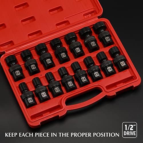 EMMENTOL 15pcs 1/2 Drive Srucha Universal Impact Socket Set, 6 pontos, métrica, CR -MO, Setor padrão de impacto giratório, 10mm - 24mm