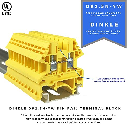 Dinkle amarelo dk2.5n-yw Din Terminal Block parafuso Tipo UL 600V 20A 12-22AWG, pacote de 50