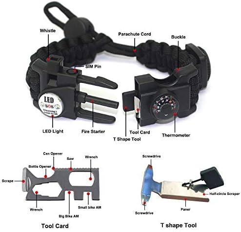 Pulseira de Paracord de Techong Sports - 7 String Tito Tabelable Sobrevivência Ajustável Pulseira Casual Black Com 20 Ferramentas de Emergência para Caçando e Pesca no deserto