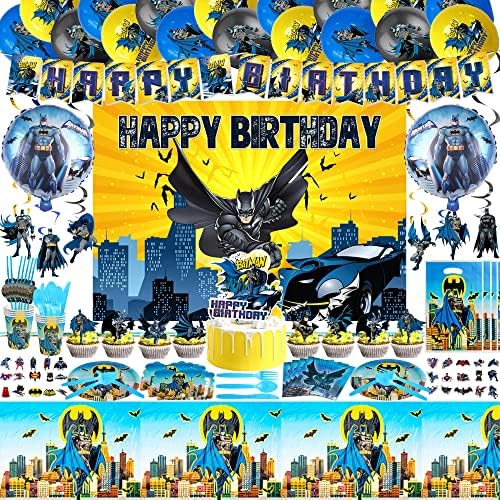 Suprimentos para festas de aniversário de super -heróis, 192 PCs Party Decorações do conjunto incluem banner de feliz aniversário, adesivo, utensílios de mesa, pratos, tampa da mesa, redemoinhos, balões
