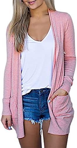 Tantisy Women's Plain Slim Sweater Kimono Casual de manga longa Cardigans leves abertos abertos com bolsos