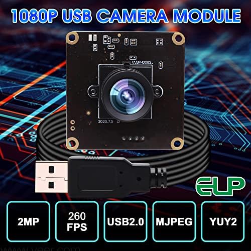 Câmera USB de alta velocidade ELP Placa de webcam incorporada 1080p com 100 graus sem lente de distorção para computador FPS 60FPS 120FPS 260FPS Módulo de câmera USB2.0 de angular de largura para laptop Raspber Raspberry Pi