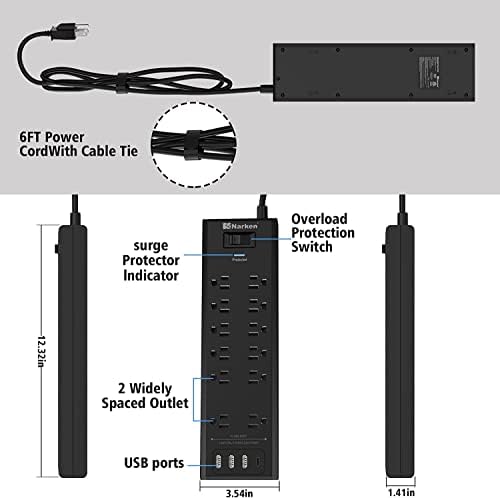 Faixa de potência Narken com cabo de extensão pesado de 12 pés de comprimento, protetor de surtos com 12 pontos de venda e 4 portas USB, preto