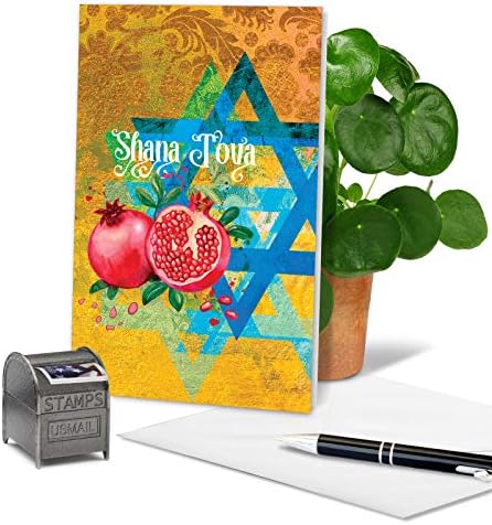 A Melhor Companhia de Cartas - 12 Rosh Hashaná Cartões de Saúde Judaica Cartões de Ano Novo - Religioso Shana Tova - Estrela e Pomãs