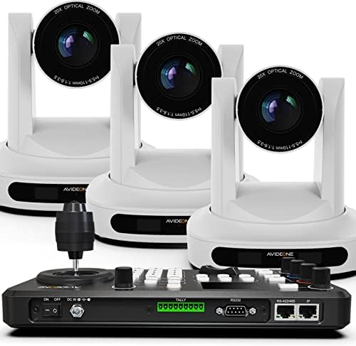 AvideOne White 20x Zoom Poe Ptz Church Câmera de transmissão ao vivo x3, PTZ Câmera Joystick Controller x1, suporte de montagem