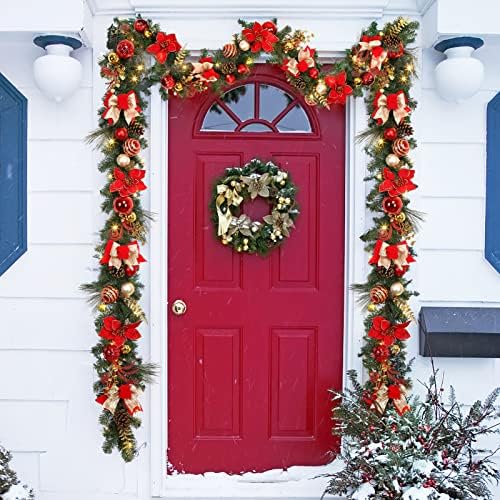 Garland de Natal LaxMax, tema vermelho e branco de 6 pés de 20 pés pré-iluminada guirlanda de Natal com ornamentos de bola, flores, pinheiros e galhos de ouro para escadas da porta da janela Mantle Decoração de Natal