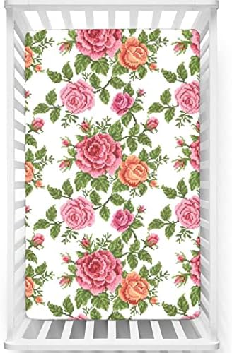 Folha de berço com tema de rosas, colchão de berço padrão folha de colchão de lençolas de colchão de colchão de colchão de colchão ou lençol de criança, 28 “x52“, salmão verde rosa