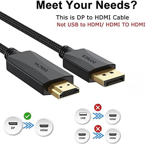 DisplayPort para o cabo HDMI 6 pés 2-pacote de 2 pés, porta fina DP DP para adaptador HDMI Male a macho Cord Manterado