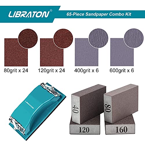 Lixa 65pcs, papel de areia, variedade de lixa 80/120/400/600 GRIT, lixa variada para madeira, esponjas de lixamento,