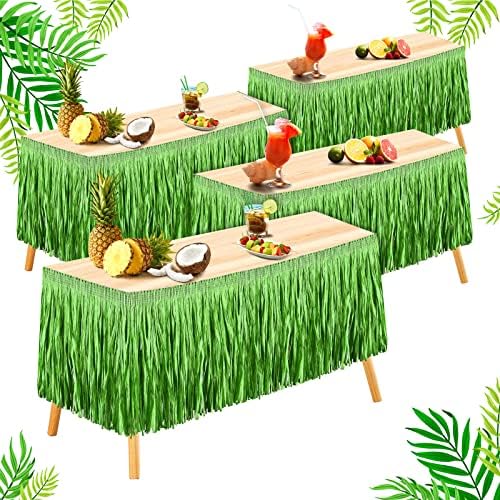 4 peças Hawaiian Luau Grass Raffia Fringe Banner Table Salia para festa de aniversário tropical Tiki Bar Decoration Hula Tiki