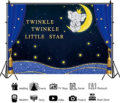 5x3ft Blue Curtain Stage cenário Twinkle Twinkle Little Star Elefante Antegramento Night Night Starry Sky Glitter