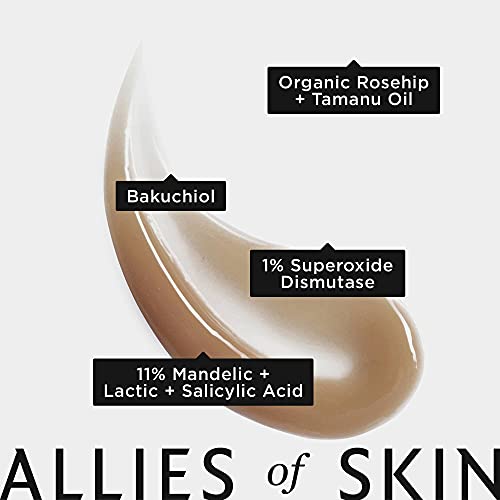 Aliados do soro noturno do corretor de pigmentação mandélica da pele: ácido mandélico, lático e salicílico, ácido hialurônico,