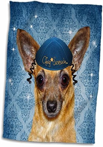 3d rosa chihuahua em um yarmulke para chanukah cão engraçado em toalha de mão azul, 15 x 22