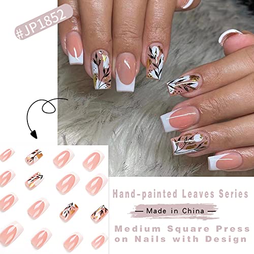 Belicey Pink White French Press On Nails Square Coffin Nails Tampa completa Dourada folha preta Beck nas unhas Francês curtas Falsas unhas com cola pregos de acrílico brilhante para mulheres e meninas 24pcs