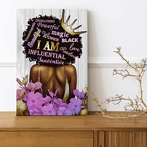 Black Queen Wall Art Affrican American Canvas Arte da parede Mulheres africanas Flores roxas Citações inspiradoras Poster Motivational Black Girl Prints Pintura para quarto banheiro da sala de estar 16x24 polegadas sem molho