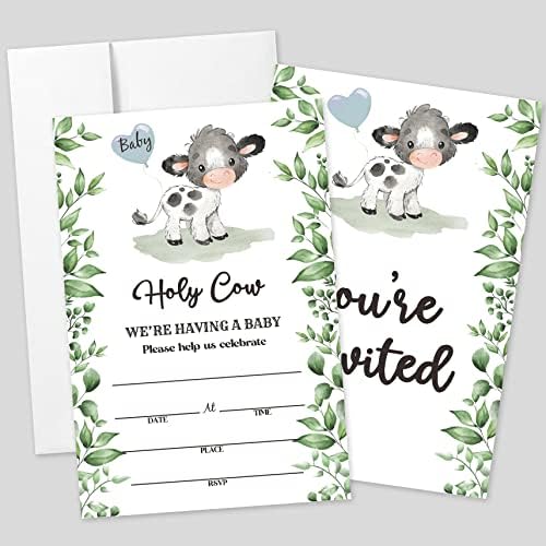 Cartão de convites de festa do chá de bebê de vaca sagrada com envelopes, fazenda de girl celeiro de celeiro animais temáticos