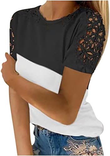 Camisa superior para mulheres verão outono 2023 manga curta renda de algodão de algodão decote no pescoço de pescoço listrado ef ef