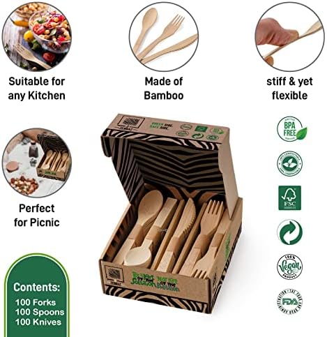 2zebraz conjunto de talheres de bambu - 100 garfos, 100 facas, 100 colheres, talheres de bambu reutilizáveis ​​suaves, utensílios descartáveis ​​compostáveis ​​e duráveis, talheres ecológicos na caixa premium