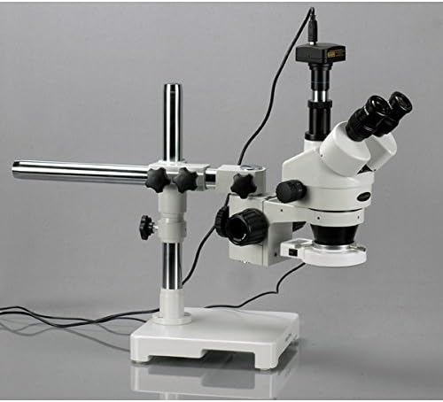 Microscópio de zoom de estéreo trinocular profissional digital da AMSCOPE, 110V-240V, inclui câmera de 5MP com lente